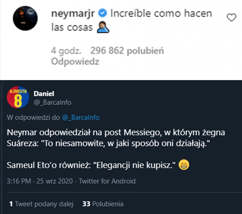 KOMENTARZ Neymara pod wpisem Messiego żegnającego Suareza